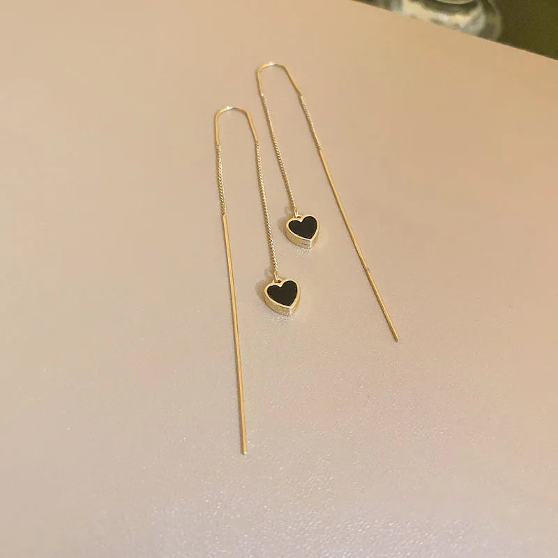 Black Heart Ear Line Long Hanging Earrings