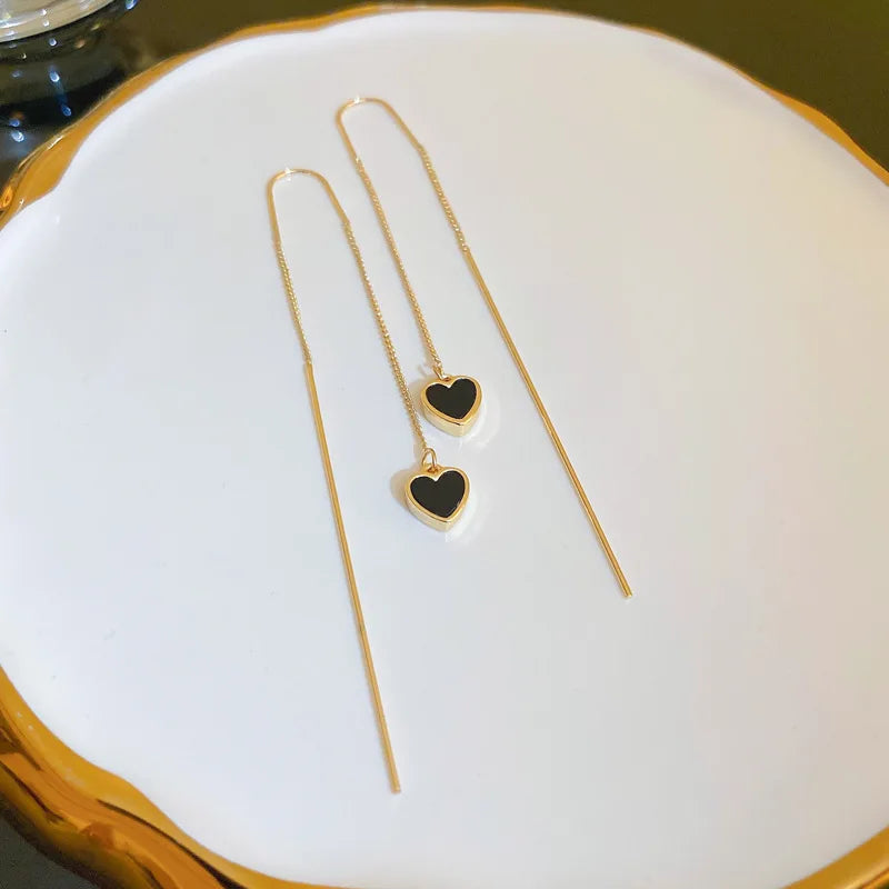 Black Heart Ear Line Long Hanging Earrings