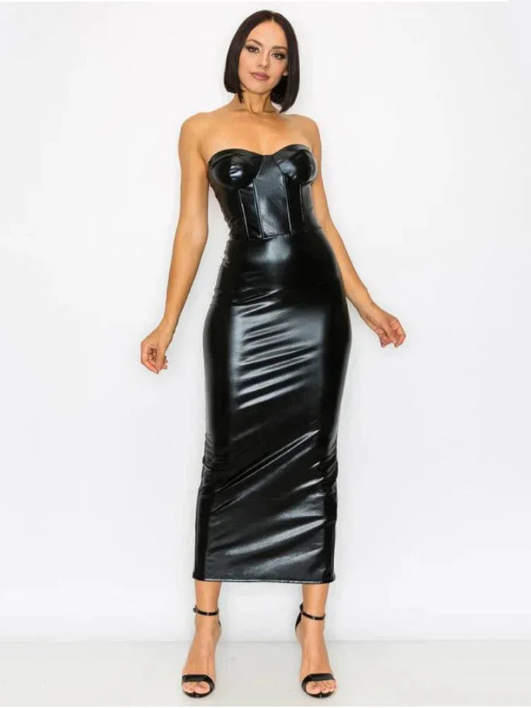 Backless Black Faux Leather Long Dress Women Sexy Bodycon Strapless Slim Hem High Split Maxi Dress Party Custom Chest Wrap Dress