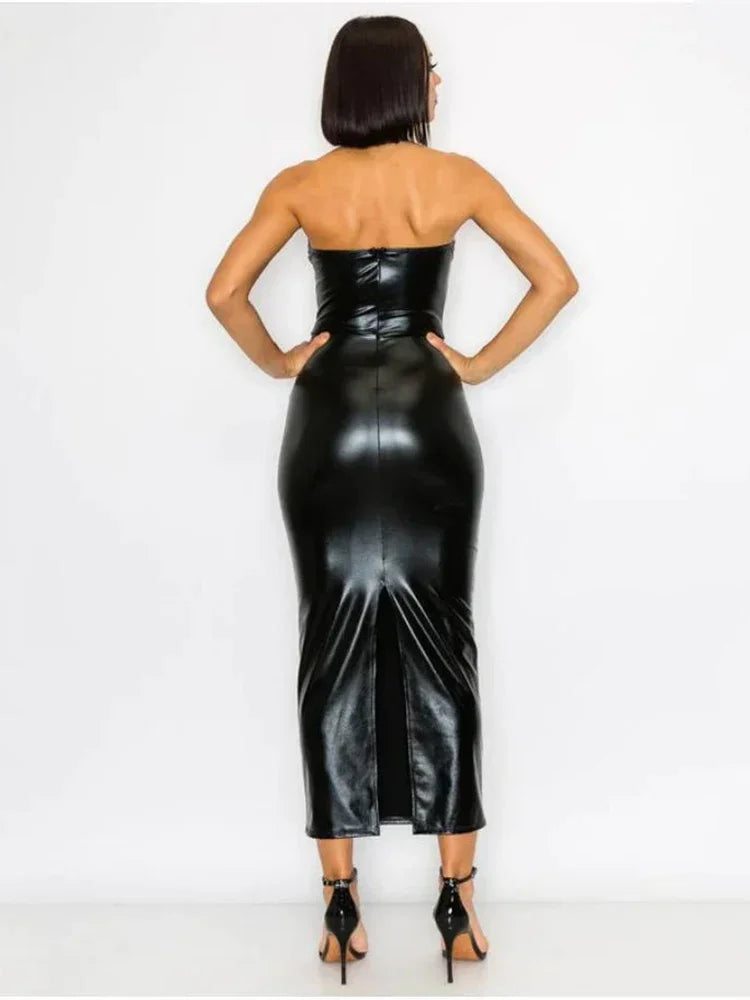 Backless Black Faux Leather Long Dress Women Sexy Bodycon Strapless Slim Hem High Split Maxi Dress Party Custom Chest Wrap Dress