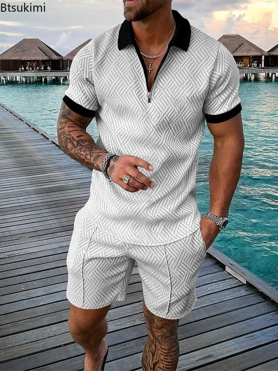 New 2024 Men's Polo Suit Fashion Men Sets Solid Summer V-neck Zipper Short Sleeve POLO Shirt+Shorts Two Pieces Men Casual Suit