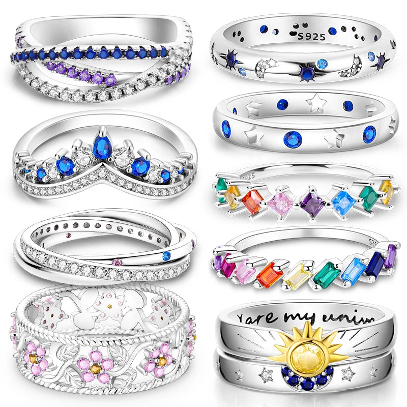 Sterling Silver Star Moon Colorful Zircon Rings