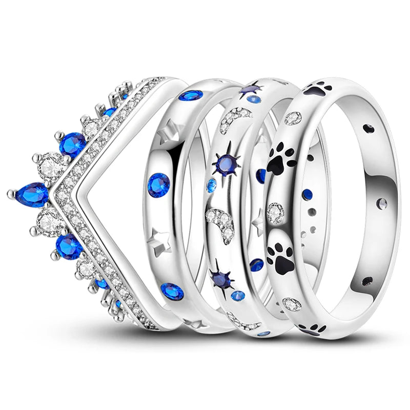 Sterling Silver Star Moon Colorful Zircon Rings